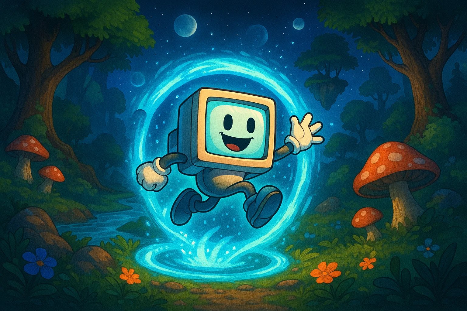 Cartoon-style Character Jumping Through Blue Circular Portal in Fantasy Forest, Fantasy, nanoBanana-Pro, Blue Glow, Cartoon Character reference image