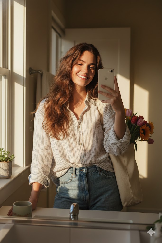 Female Taking a Mirror Selfie at Home Before Heading Out, People, nanoBanana-Pro, Bright Smile, Casual Fashion reference image