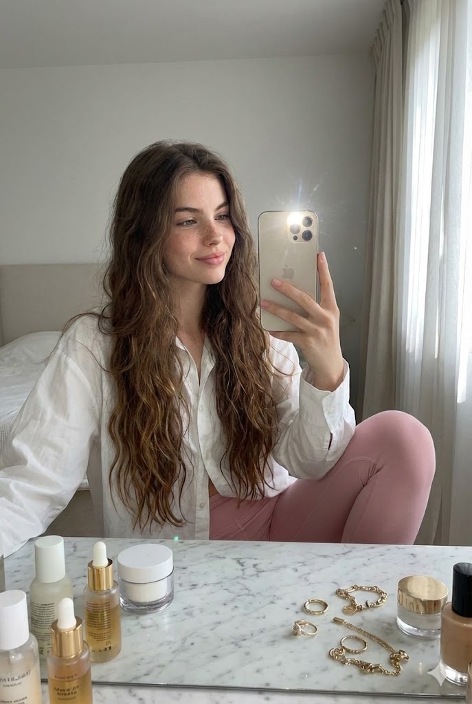 Nano Banana Pro Reference Image: Woman Taking a Mirror Selfie at a White Marble Vanity Table, People, nanoBanana-Pro, Candid, iPhone reference image