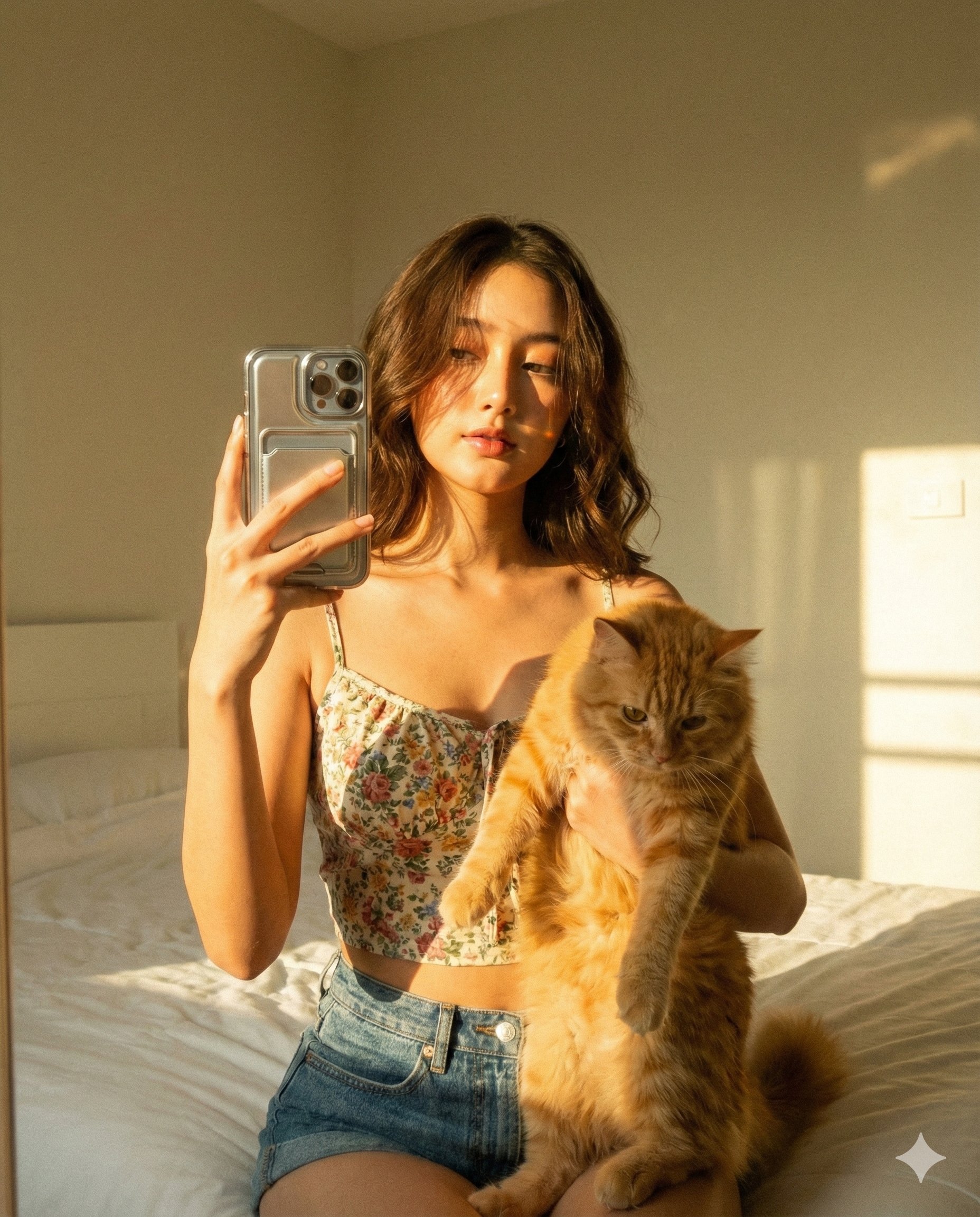 Gemini Nano Banana Pro - Women's Bedroom Selfie, People, nanoBanana-Pro, Casual, Cat reference image