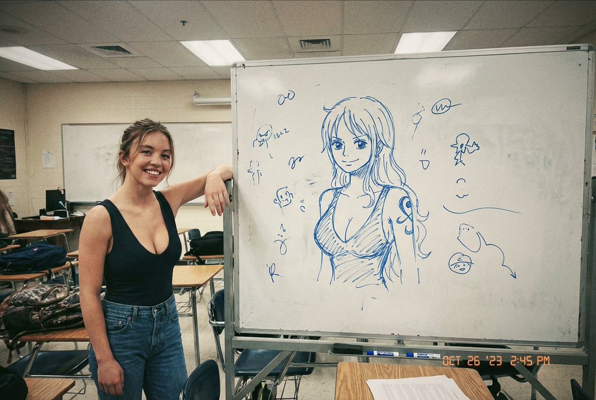 Sydney Sweeney与One Piece的Nami手绘，影视，nanoBanana-Pro，Anime Sketch, Candid Shot风格参考图