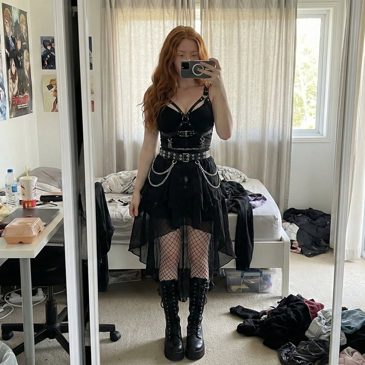 Gothic Young Adult Female Mirror Selfie, People, nanoBanana-Pro, Anime Wall Art, Gothic Fashion reference image