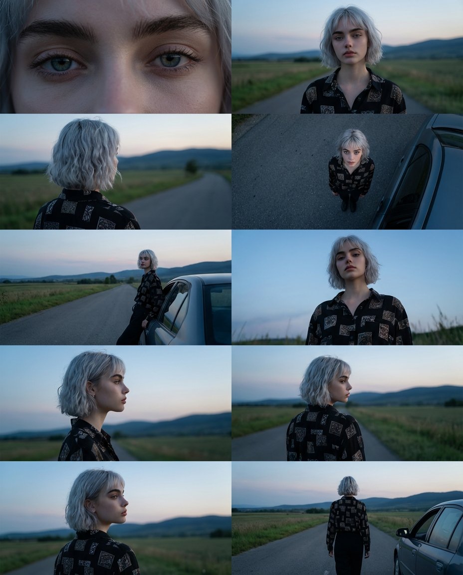 Young Woman on an Empty Countryside Road, People, nanoBanana-Pro, Cinematic, Golden Hour reference image