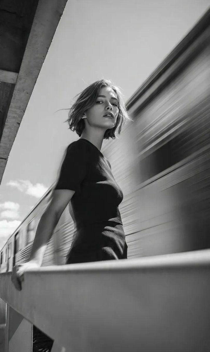 Cinematic Black-and-White Portrait of a Young Woman at an Urban Train Platform, People, nanoBanana-Pro, Black-and-White, Dynamic reference image