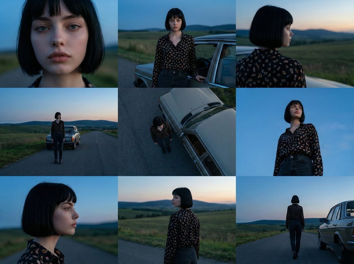Cinematic Photo Series of a Female Subject on a Rural Road at Dusk, Film, nanoBanana-Pro, Blue Hour, Cinematic Framing reference image