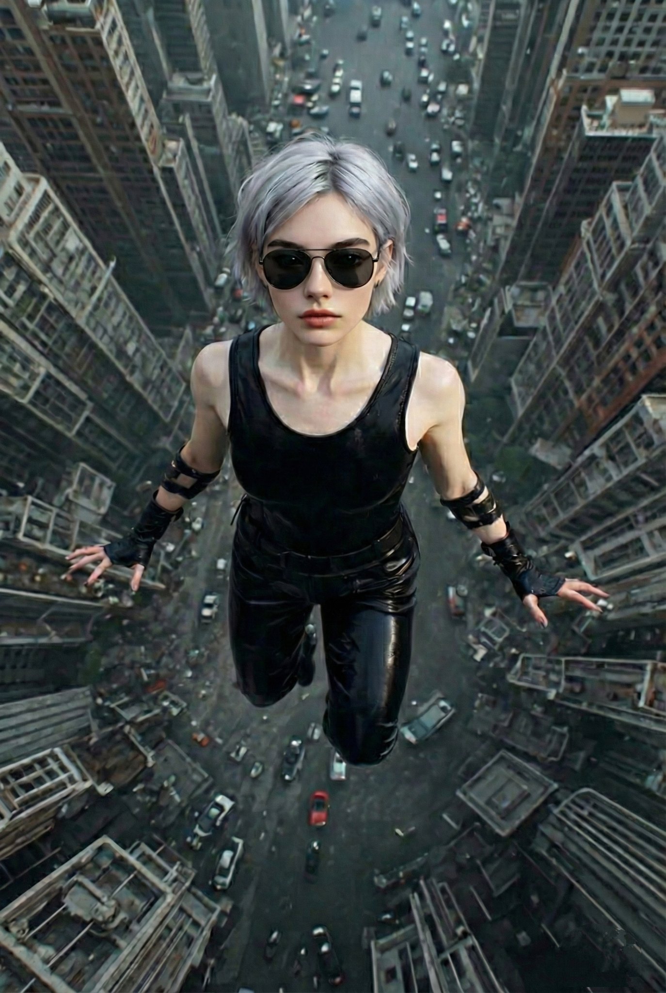 Ultra-Realistic Portrait of a Young Woman Floating Over a City Street, People, nanoBanana-Pro, Black Attire, Cityscape reference image