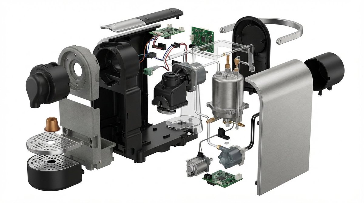 Exploded View of Nespresso Coffee Machine Internal Components, Food, nanoBanana-Pro, 3D, 3D Rendering reference image