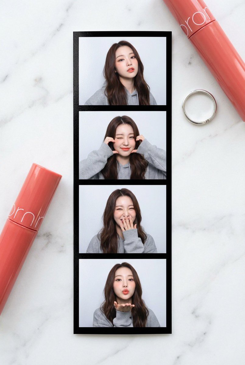 K-pop Idol Vertical Photo Booth Strip, Fashion, nanoBanana-Pro, Flat Lay, Glossy Lip Tint reference image