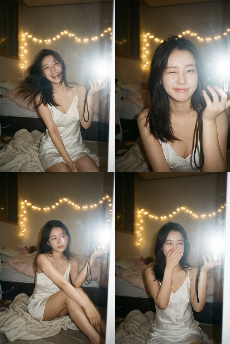 Charming Korean Female Idol Selfie Collage, People, nanoBanana-Pro, 2x2 Layout, Atmospheric Lighting reference image