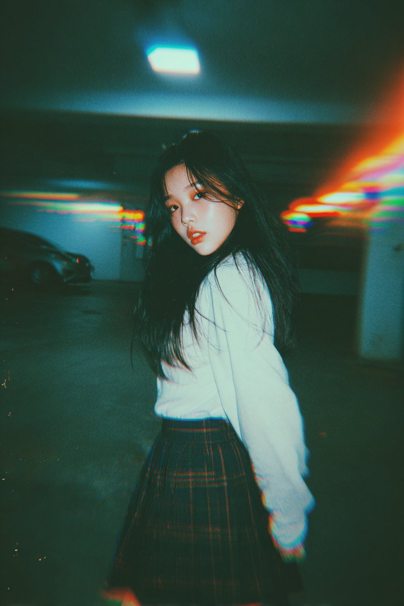 Candid Shot of a Pure and Cute Korean Female K-Pop Idol in an Underground Parking Garage, Film, nanoBanana-Pro, Analog Film, Candid Photography reference image
