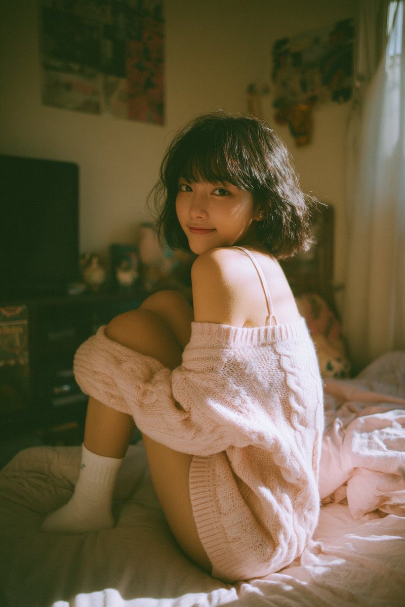 Sunlit Japanese Young Woman, People, nanoBanana-Pro, Cable-Knit, Film Grain reference image