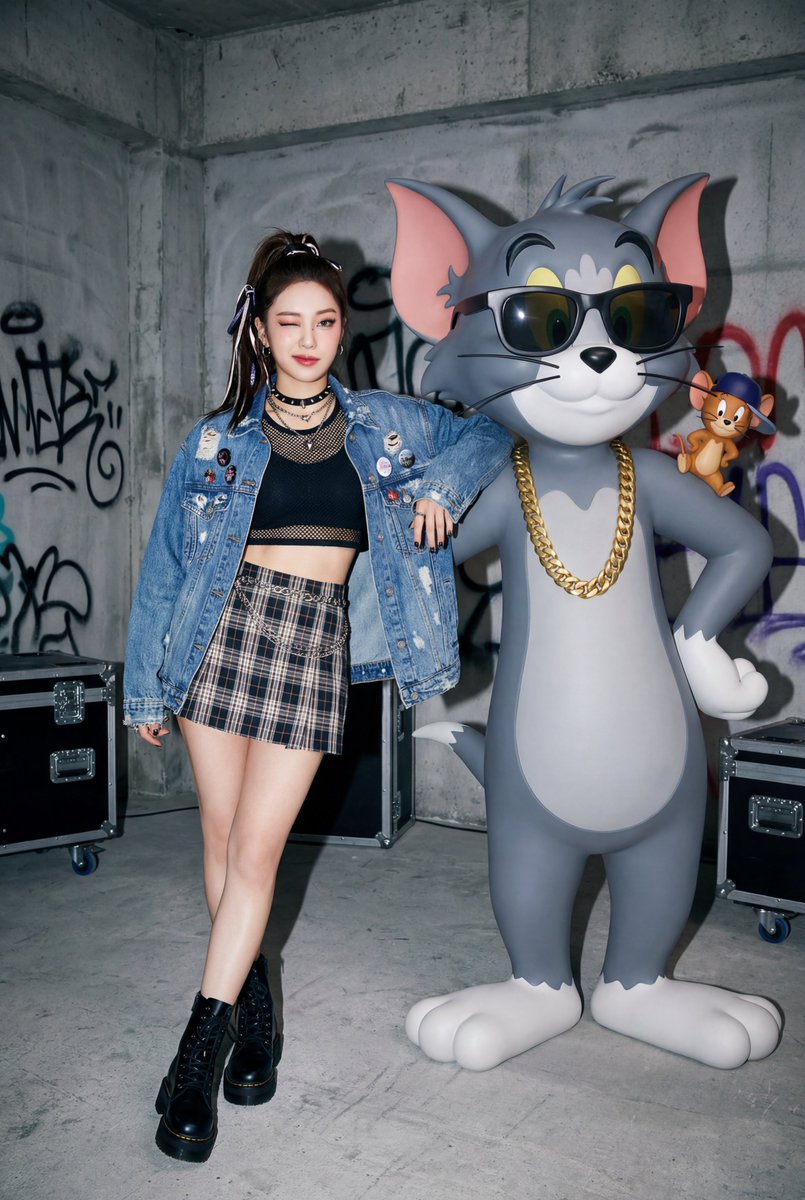K-pop Idol with Tom and Jerry in an Industrial Backstage Photography, Fashion, nanoBanana-Pro, Confident Pose, Edgy Atmosphere reference image