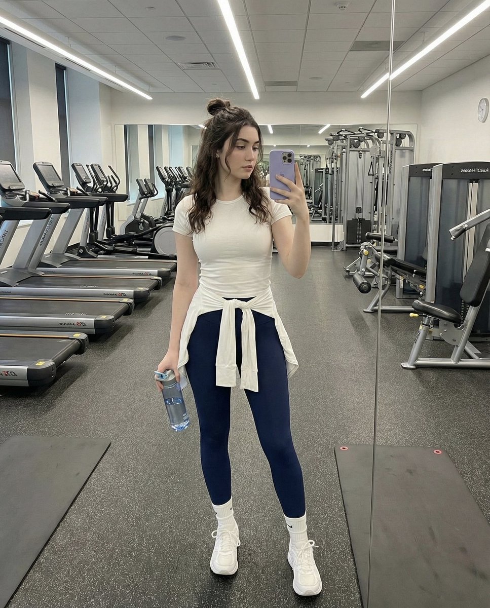 Modern Indoor Gym Young Female Selfie, People, nanoBanana-Pro, Bright Lighting, Fitness reference image