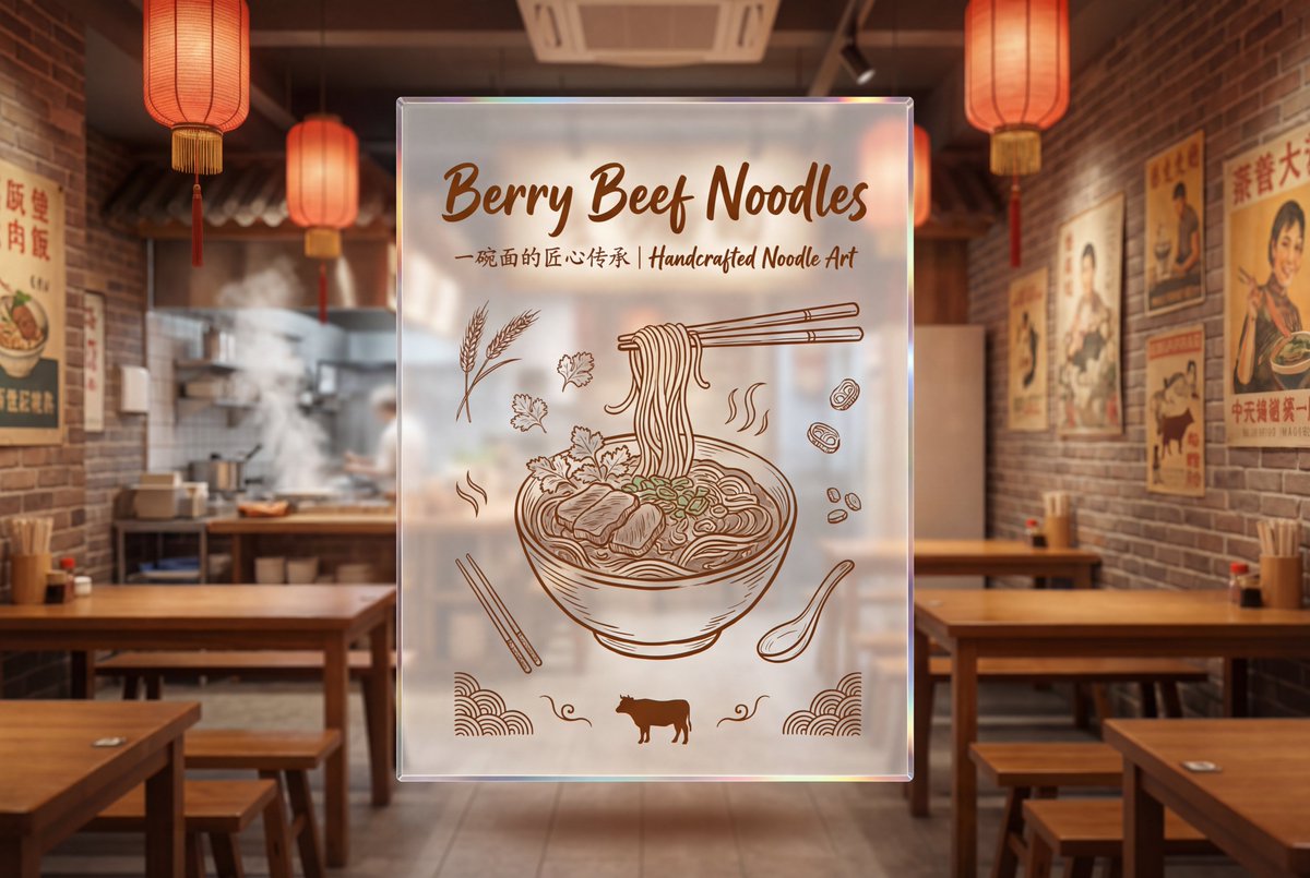 Berry Beef Noodle Transparent Acrylic Signage Panel, Realistic, nanoBanana-Pro, 8K Resolution, Architectural Photography reference image