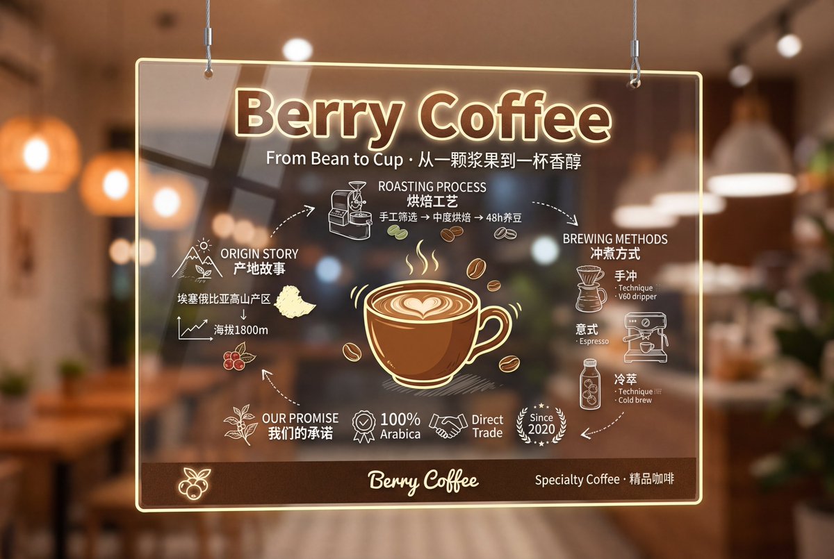 高端透明亚克力招牌，现实，nanoBanana-Pro，Bilingual, Brand Promotion风格参考图
