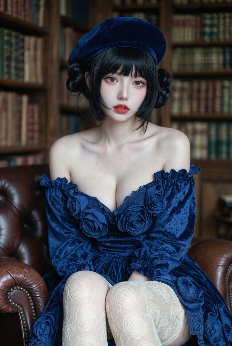 Hyper-realistic Full-body Photography of a Cute Woman in a Sunlit Vintage Library, Realistic, nanoBanana-Pro, 3D Fabric Roses, Cute Woman reference image