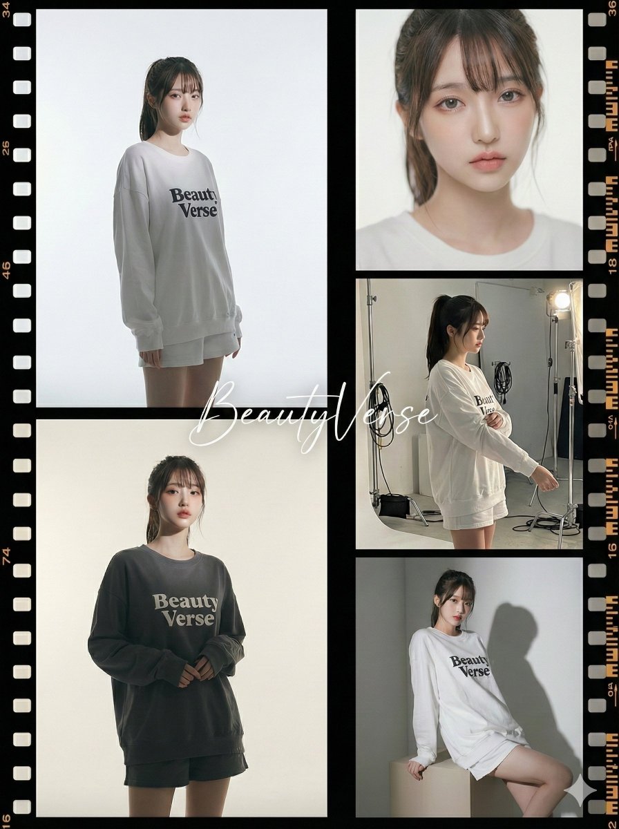 High-End Studio Fashion Editorial '5-Panel Wide Film' Collage, Fashion, nanoBanana-Pro, BeautyVerse Overlay, Candid BTS reference image