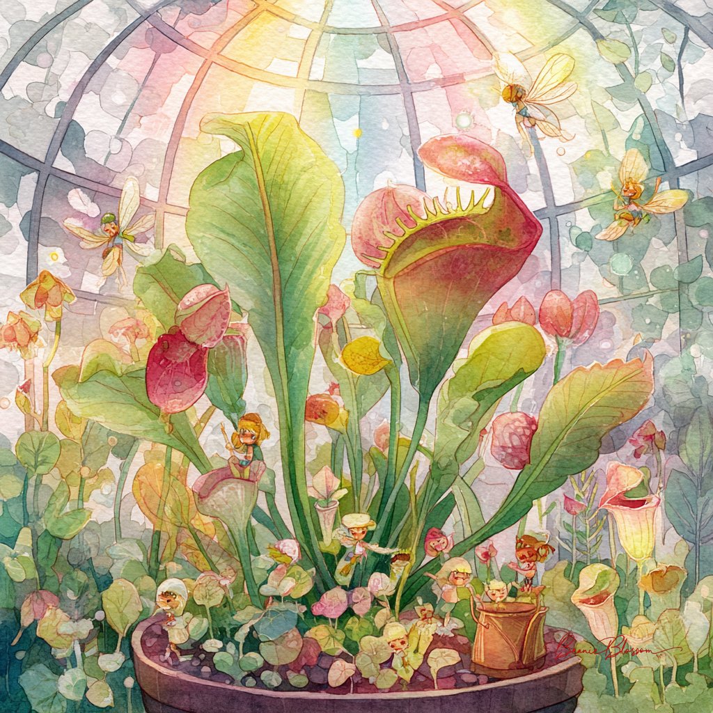 魔幻屋顶温室花园水彩插画，自然，nanoBanana-Pro，Carnivorous Plants, Enchanted Garden风格参考图