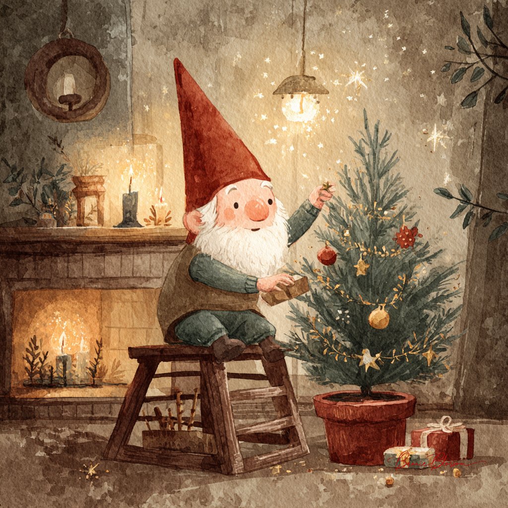 快乐北欧小矮人装饰圣诞树，插画，nanoBanana-Pro，Children's Book Illustration, Christmas Tree风格参考图