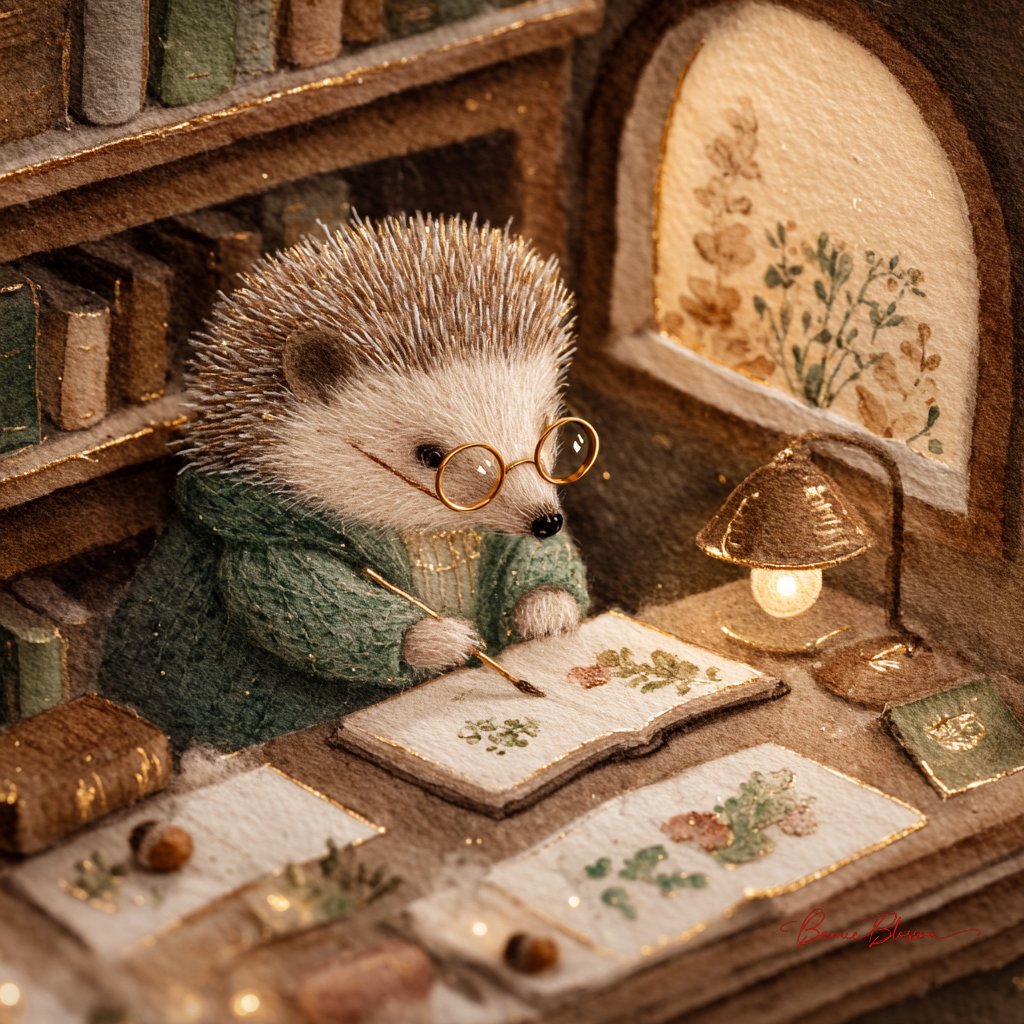 Delicate watercolor and gold leaf miniature painting depicting a shy hedgehog librarian, Nature, nanoBanana-Pro, Botanical Details, Gold Leaf reference image