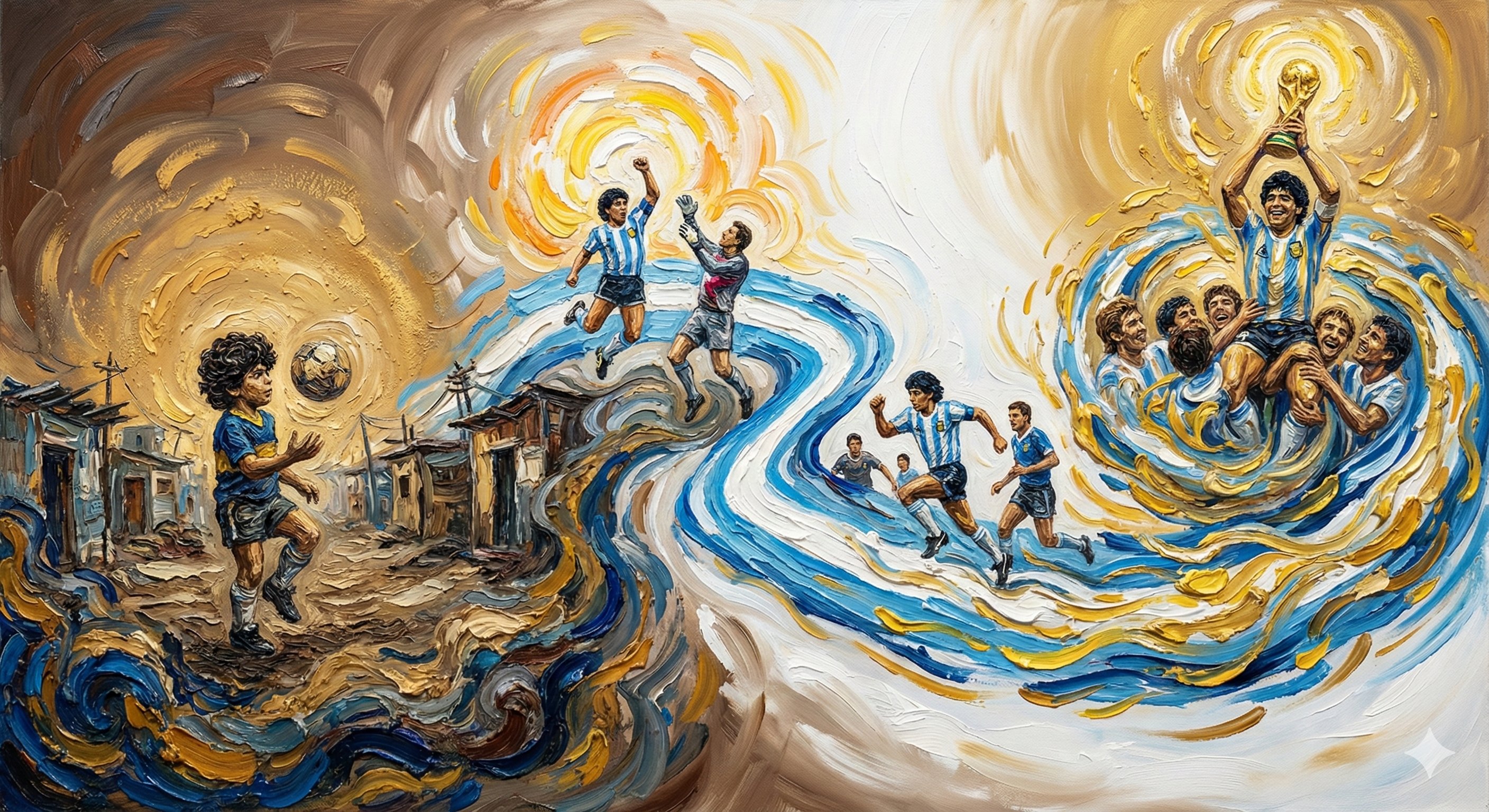 Diego Maradona's Legend: From the Slums to the Summit of Football, People, nanoBanana-Pro, Argentina Football, Dynamic Brushwork reference image