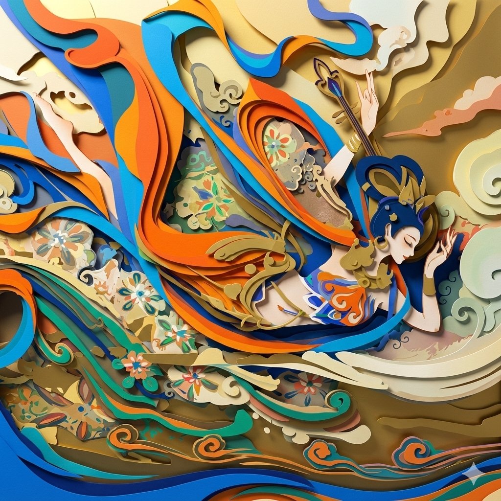 Paper Cutting Art Reinterpreting Dunhuang Flying Apsaras, 3D, nanoBanana-Pro, 3D, 3D Rendering reference image