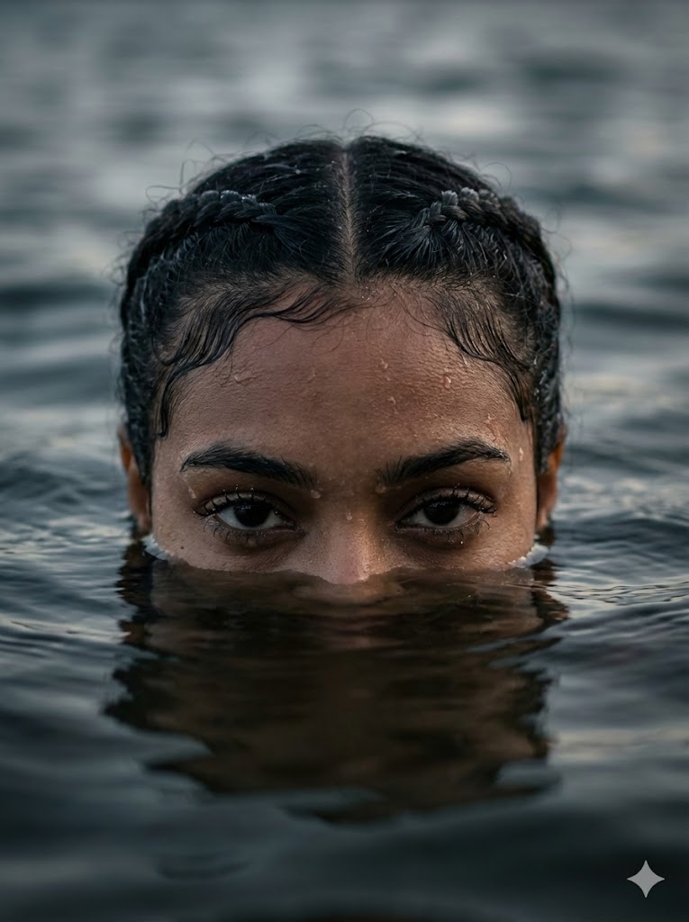 Extreme Close-up Portrait of a Woman Emerging from Dark Water, People, nanoBanana-Pro, Cinematic, Emotional Tone reference image
