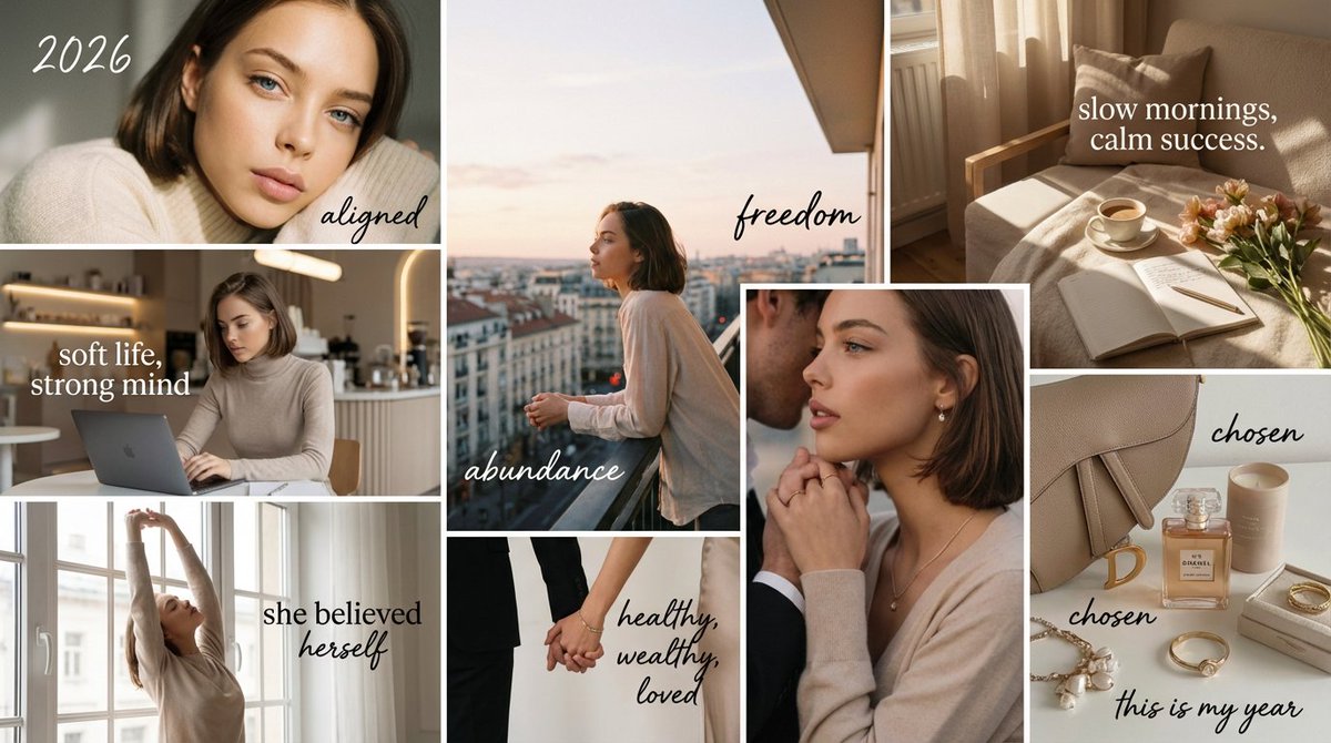 Create a High-Aesthetic 2026 Vision Board Collage, People, nanoBanana-Pro, 2026 Life Goals, Feminine Calm Power reference image
