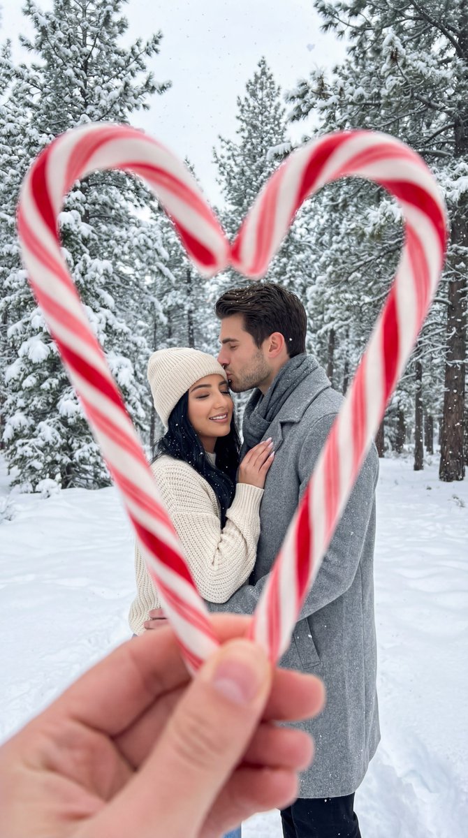 Romantic Winter Couple Portrait, People, nanoBanana-Pro, 3D, Candy Cane Heart reference image
