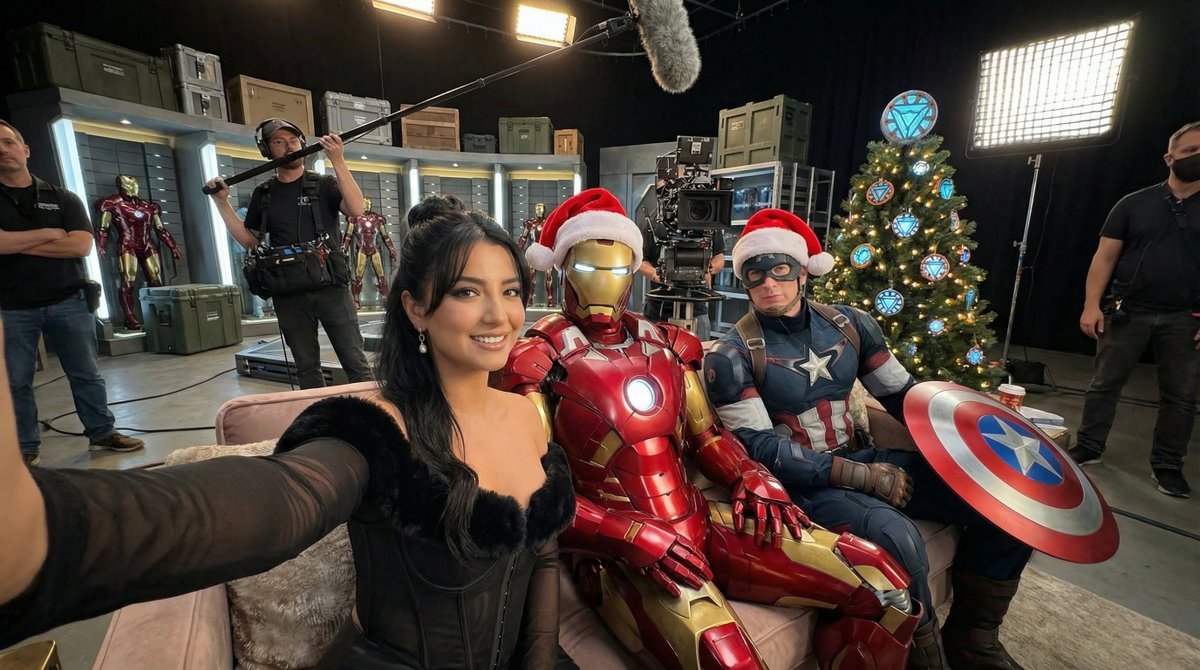 Superhero Ensemble Film Set Scene, People, nanoBanana-Pro, 3D, Arc-Reactor Ornament reference image