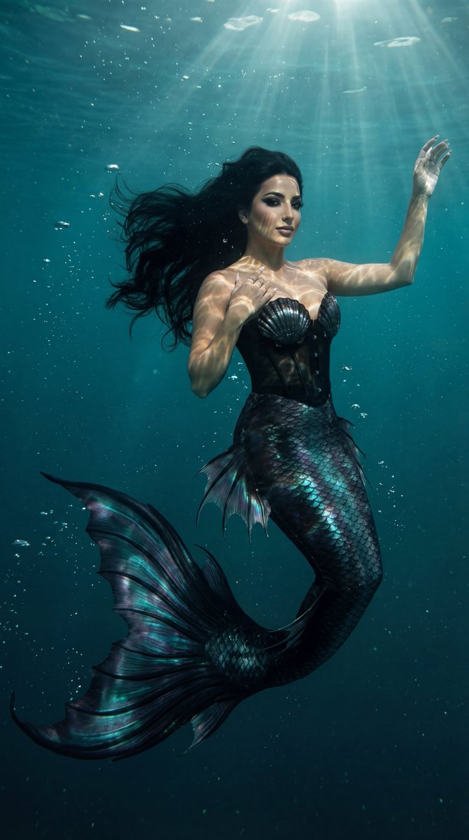 深海暗黑美人，人物，nanoBanana-Pro，35mm Underwater, 3D风格参考图