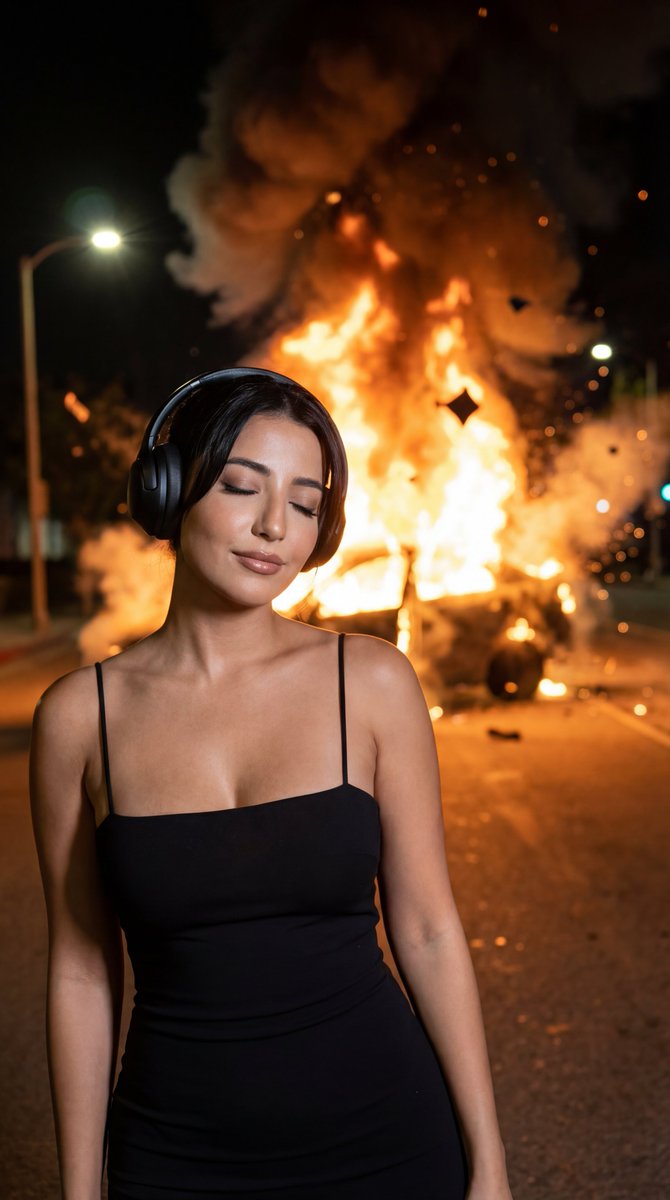 Nighttime Explosion iPhone Photography, Realistic, nanoBanana-Pro, Candid Shot, Female Subject reference image