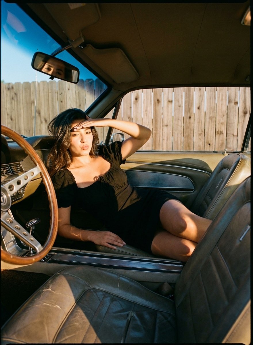 Cinematic Interior of Vintage American Muscle Car at Golden Hour, Vehicle, nanoBanana-Pro, Editorial Fashion, Golden Hour Lighting reference image
