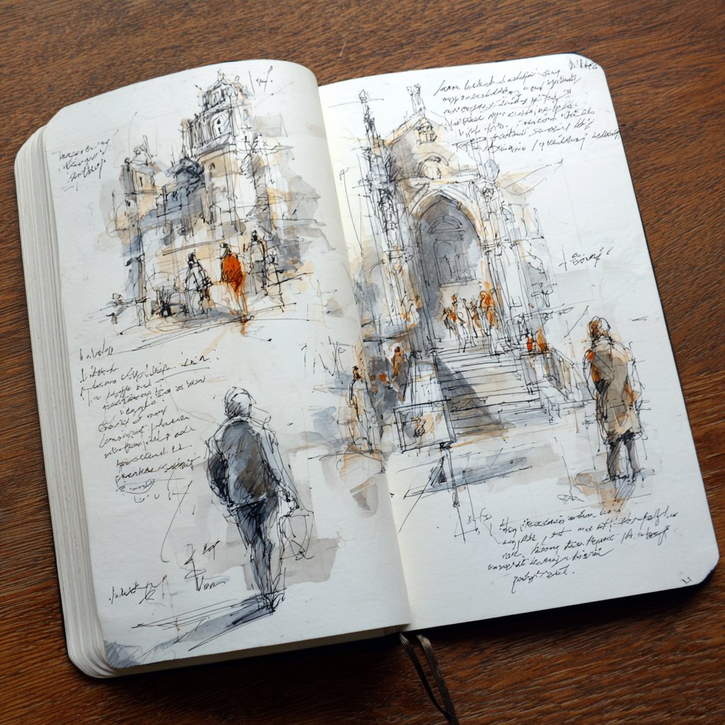 Urban Sketchbook Style Ink and Watercolor, City, nanoBanana-Pro, Artistic, Cityscape reference image