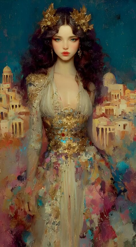 Beautiful Young Woman with Long Wavy Dark Hair, People, nanoBanana-Pro, Detailed Oil Painting, Elegant Gown reference image