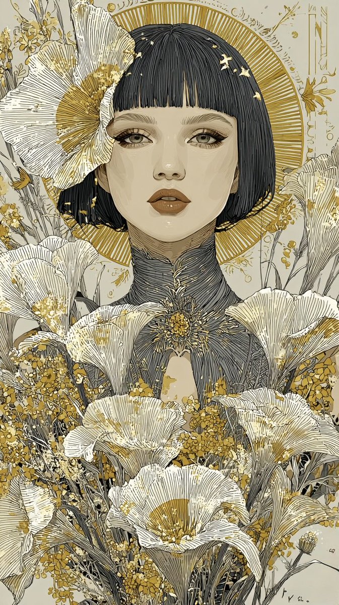 Beautiful Woman with Golden Halo, People, nanoBanana-Pro, Art Nouveau, Detailed Line Art reference image