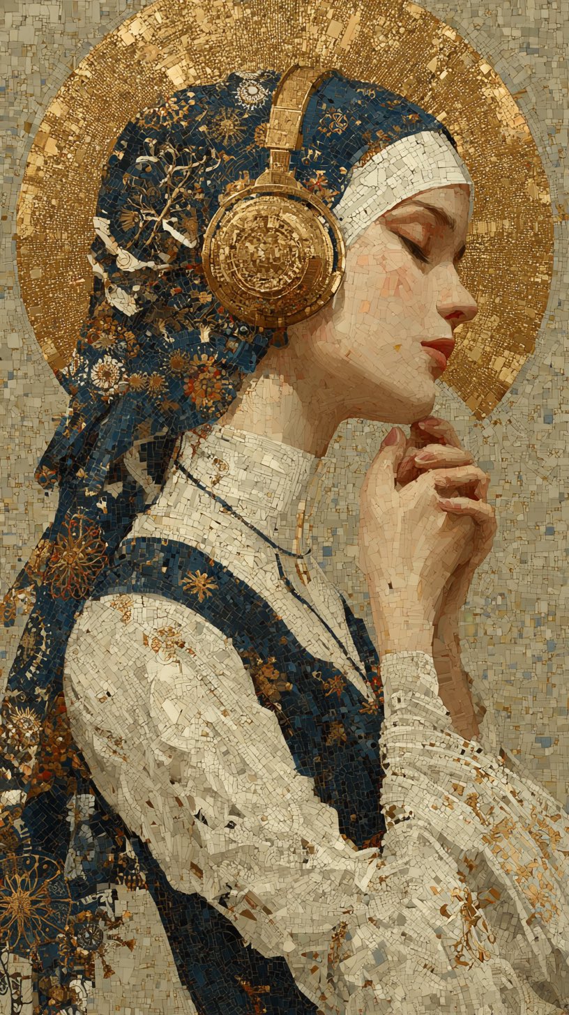 Serene Young Nun in Profile, Praying, in Traditional Habit with Floral Veil and Golden Headphones, Mosaic Halo, Detailed Oil with Mosaic Art, Soft Lighting, Ethereal Mood, Sacred Modern Fusion, Intricate Textures, Masterpiece, 8k, Fantasy, nanoBanana-Pro, Ethereal Mood, Golden Headphones reference image