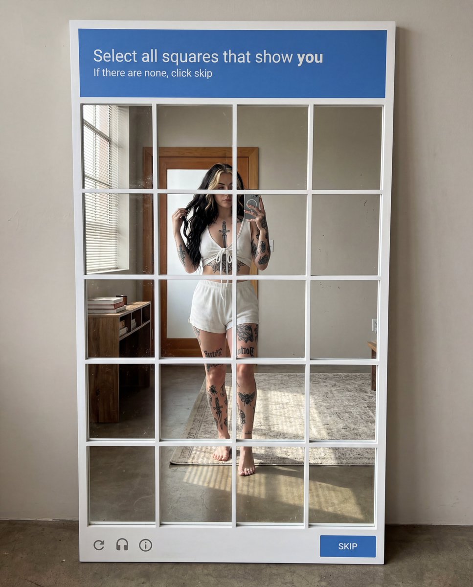 Physical Floor Mirror Selfie, People, nanoBanana-Pro, 4x4 Grid, CAPTCHA Interface reference image