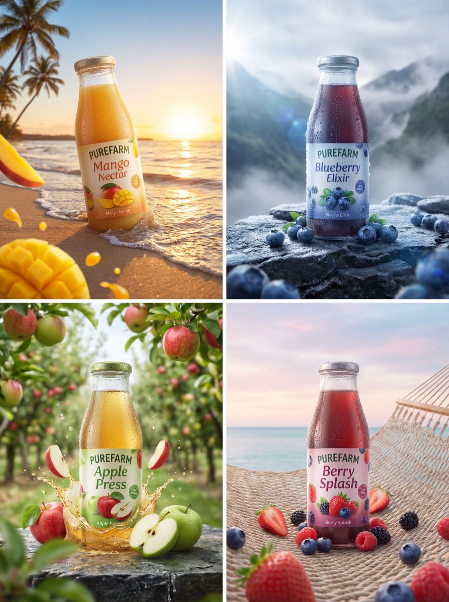 Purefarm果汁系列广告摄影，产品，nanoBanana-Pro，Alpine Ridge, Apple Orchard风格参考图