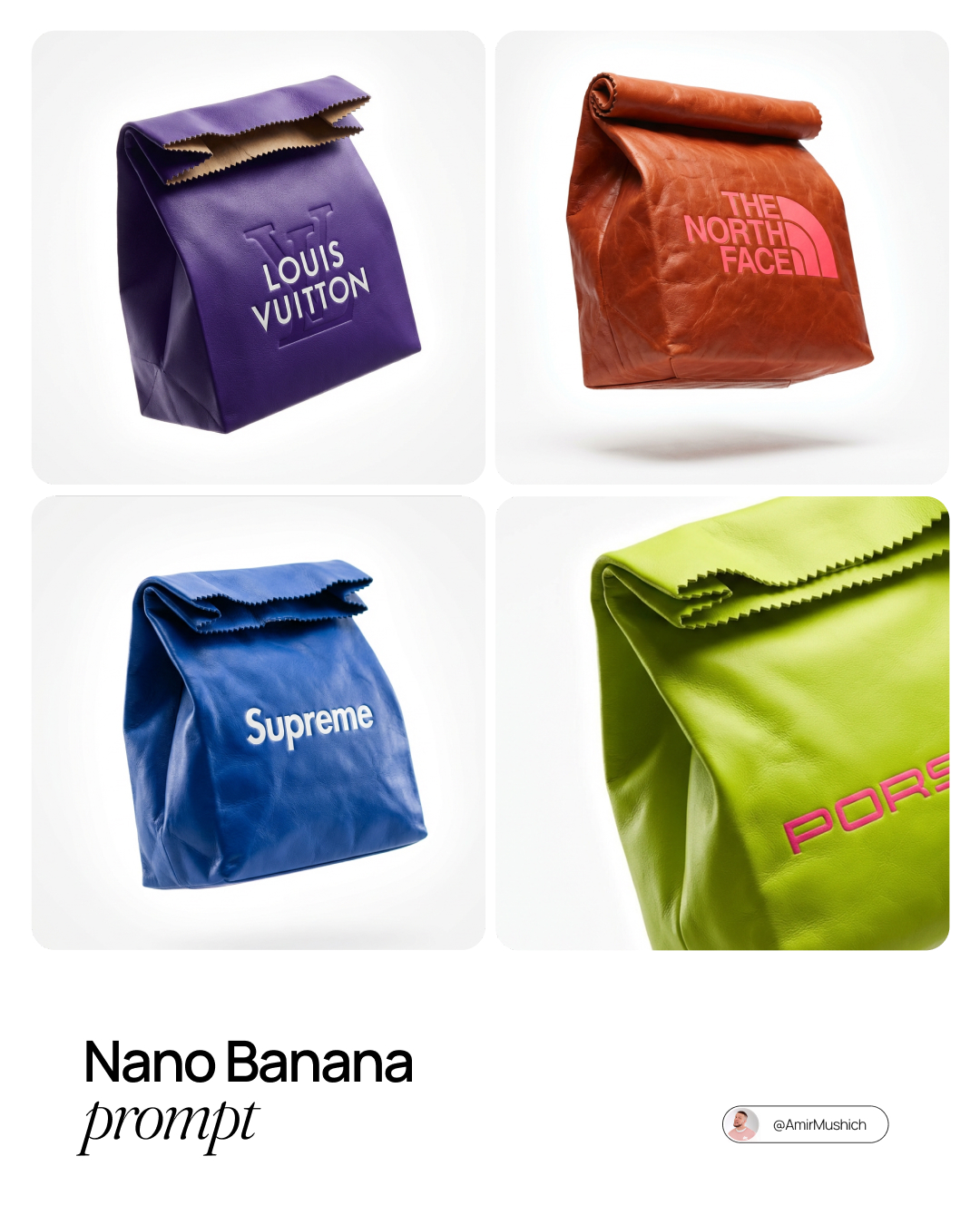 高端皮革手袋，时尚，nanoBanana-Pro，Branded Logo, Conceptual Design风格参考图