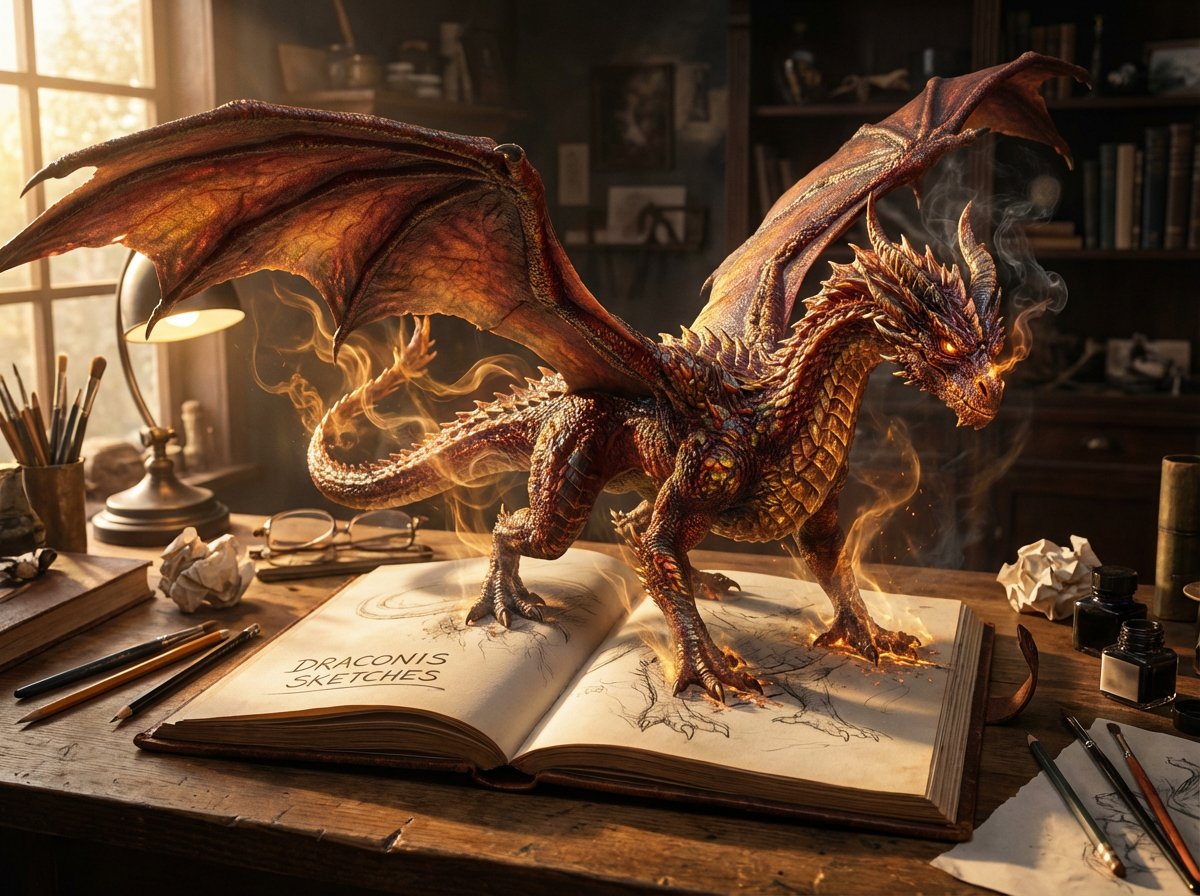 Three-Dimensional Creature Emerging from Sketchbook Page, Fantasy, nanoBanana-Pro, 3D, 3D Art reference image