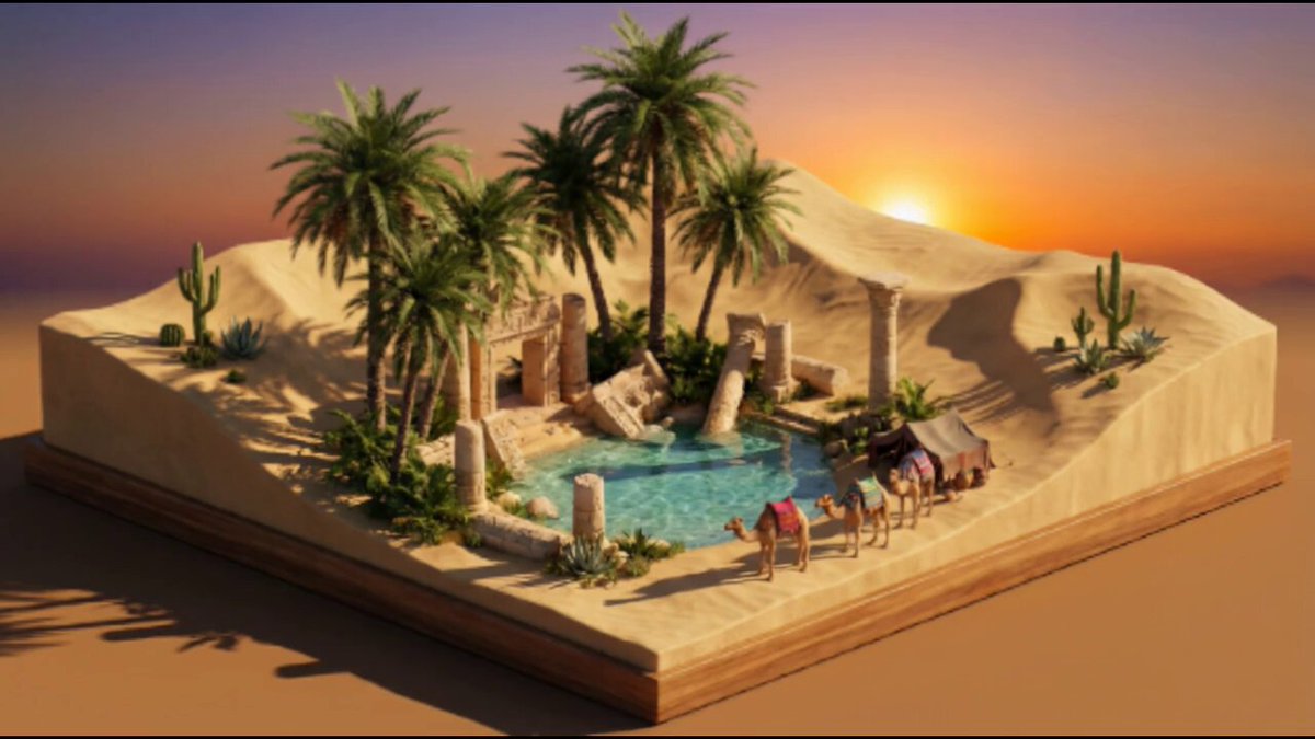 3D Isometric Diorama of a Desert Oasis, Landscape, nanoBanana-Pro, 3D, 3D Render reference image