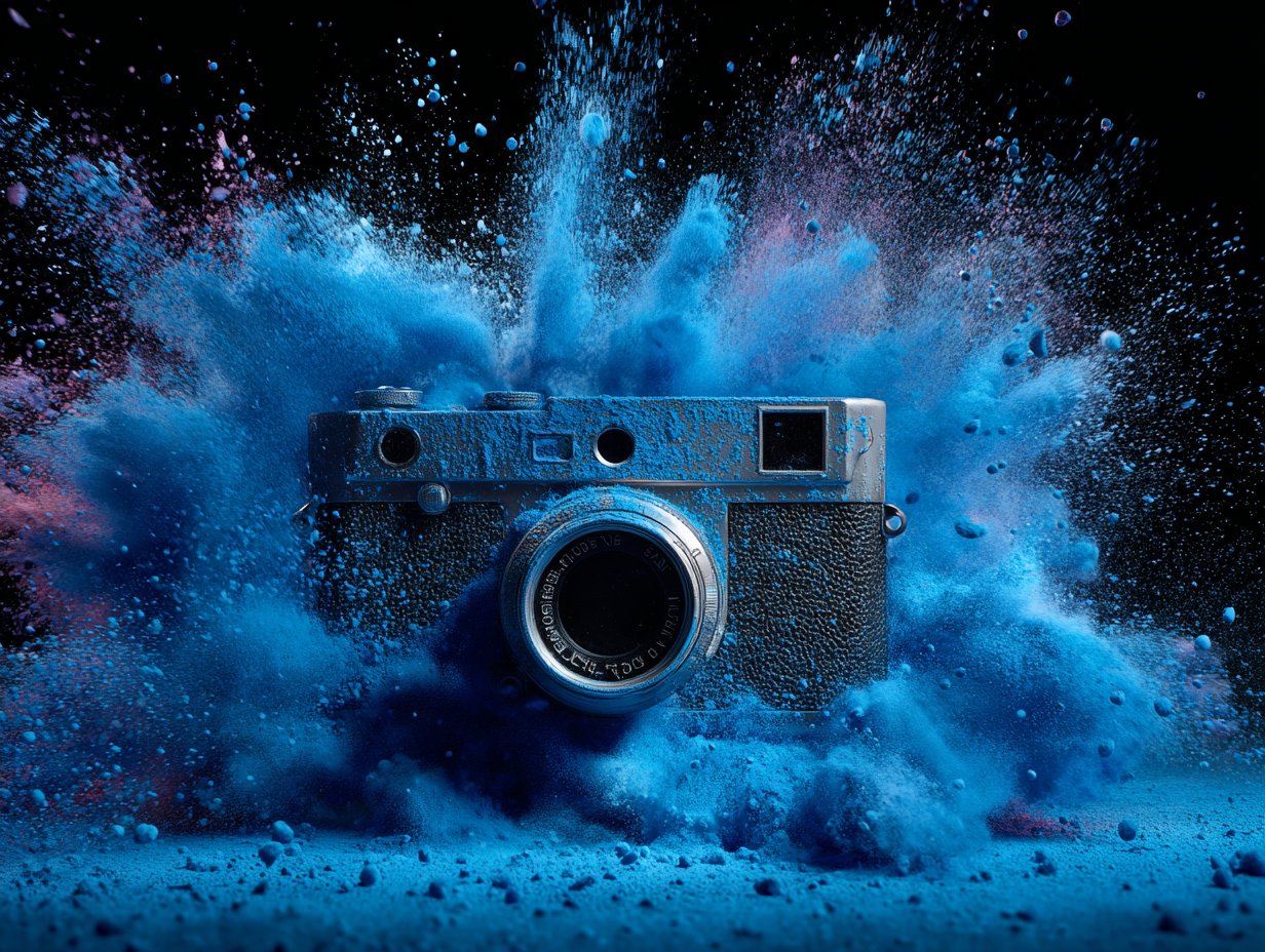 Product Interaction Photography: Product in a Powder Explosion, Product, nanoBanana-Pro, 3D, Black Background reference image