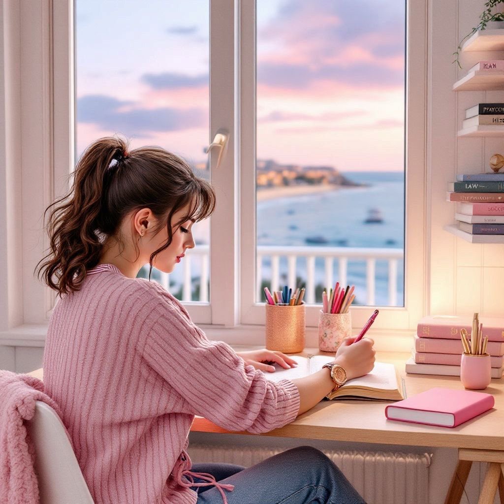 宁静午后写作时光，人物，nanoBanana-Pro，Creative Workspace, Ocean View风格参考图