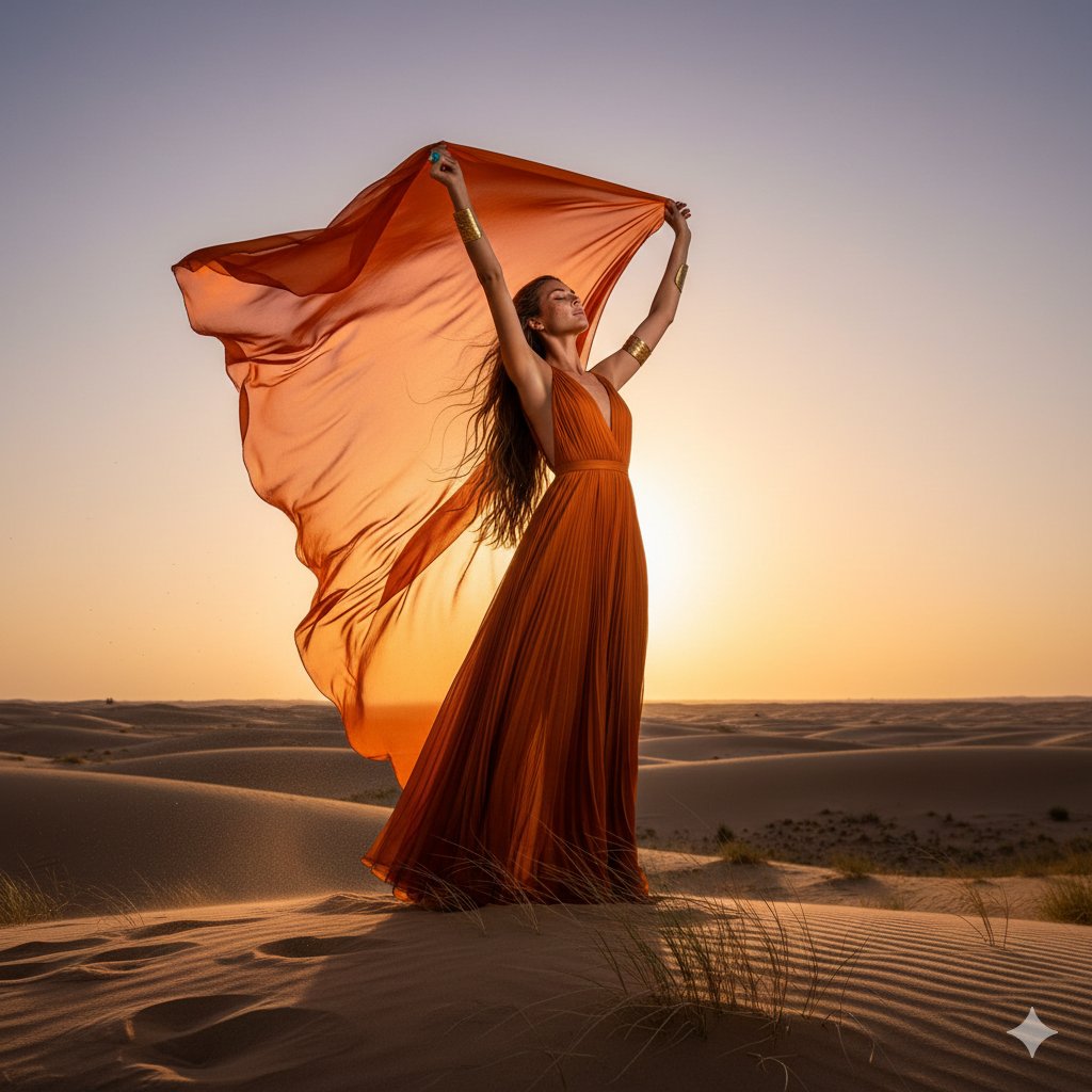 Sahara Solstice Editorial, Fashion, nanoBanana-Pro, Desert Dunes, Ethereal Atmosphere reference image