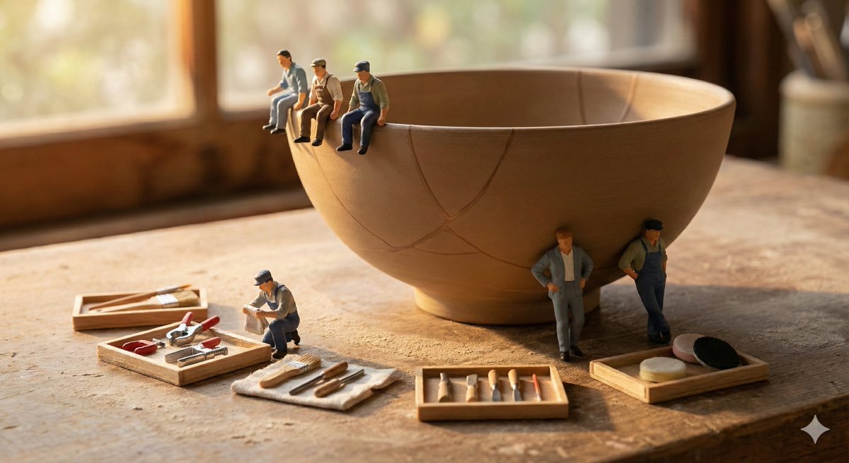 Restoration Complete: Giants Reinstated, Workers at Rest, People, nanoBanana-Pro, Calm Mood, Craftsmanship reference image