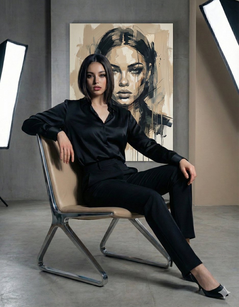 Contemporary Fashion Editorial Portrait, Fashion, nanoBanana-Pro, Abstract Painting, Black Satin Blouse reference image
