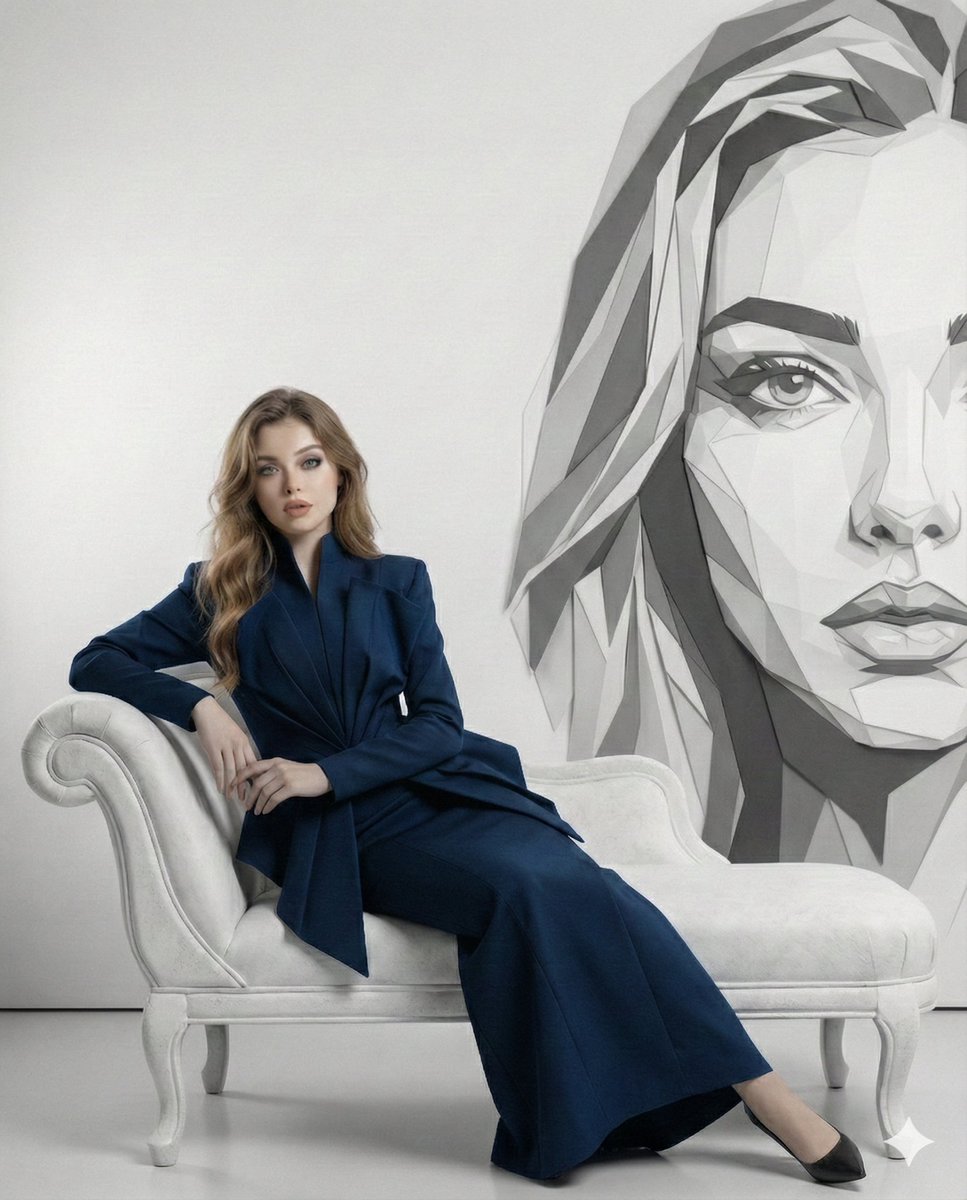 High-Fashion Studio Portrait of a Woman on a Vintage Chaise Lounge, People, nanoBanana-Pro, Deep Blue Dress, Fine-Art Composition reference image