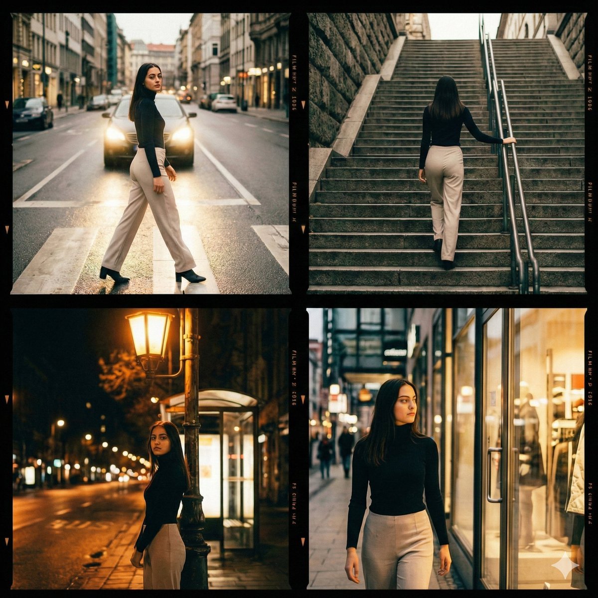 Cinematic Storyboard of a Woman Walking in an Urban Environment, City, nanoBanana-Pro, 1:1 Aspect Ratio, Cinematic Lighting reference image