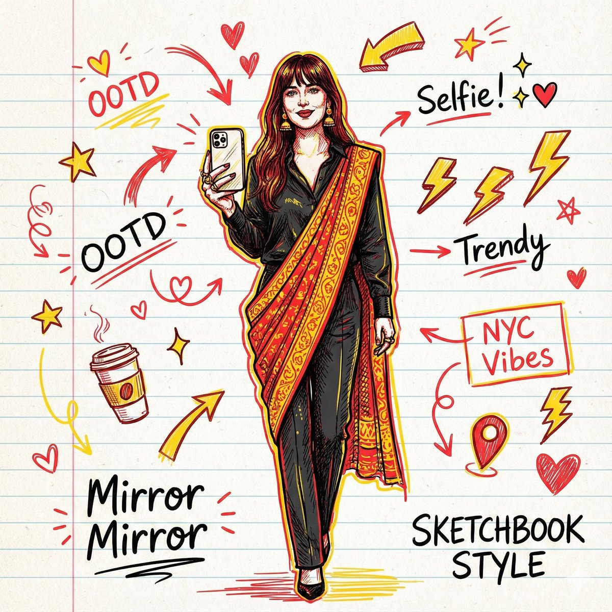 Trendy Hand-Drawn Illustration of a Woman Taking a Mirror Selfie Transformed into a Stylish Doodle-Art Sketch, People, nanoBanana-Pro, Doodle-Art, Editorial Illustration reference image